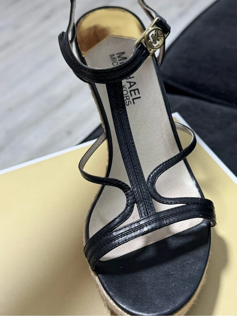 Michael Kors Black Leather Strappy Espadrille Wedges with Gold Accents